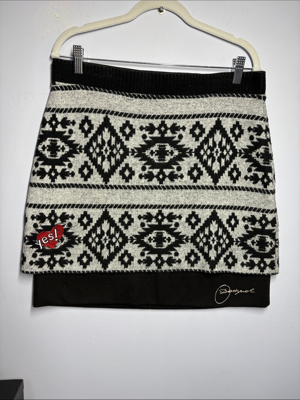 Desigual x Yes!! Black & White Patterned Knit Mini Skirt with Embroidered Logo